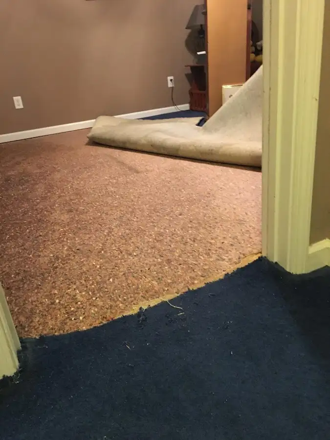 Carpet pad removal revealing water damage during Water Mitigation Services in Greenwich